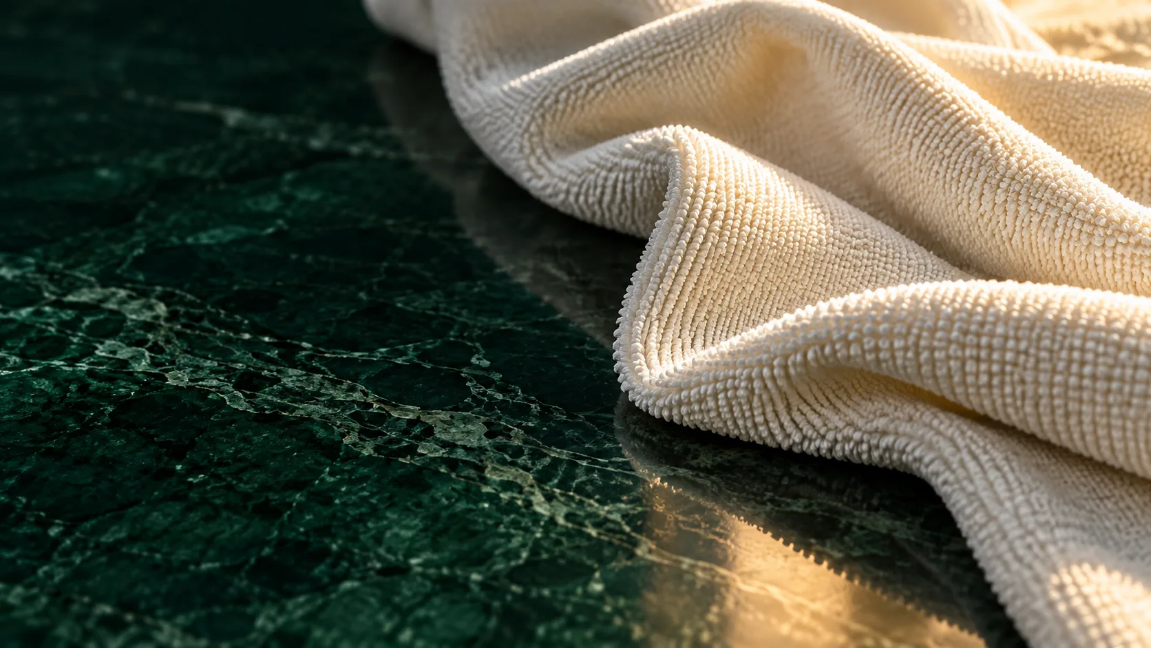 The texture of an ivory cleaning cloth against an evergreen surface