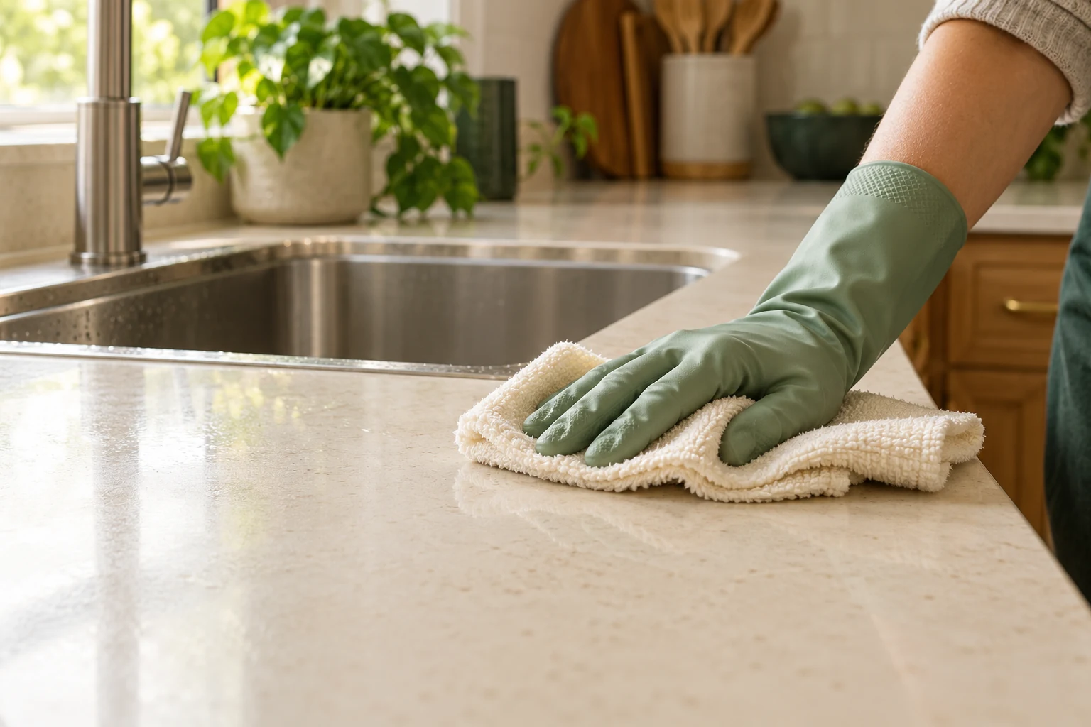 A gloved hand and soft cloth wiping a kitchen counter