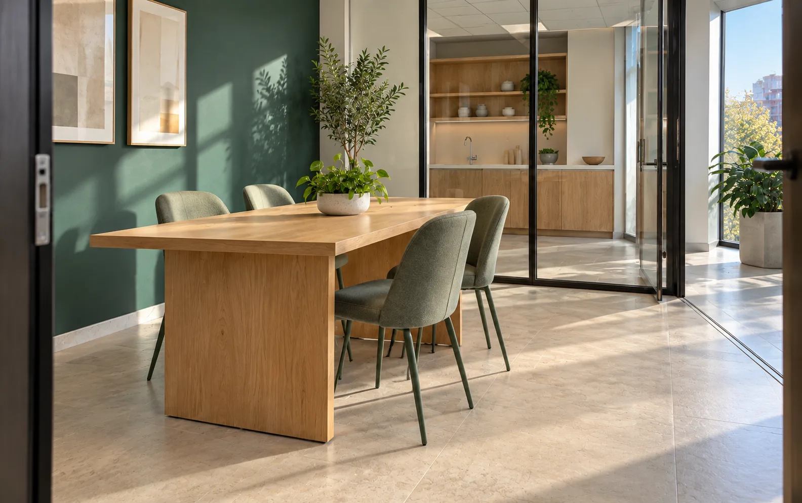 a small workplace with a meeting table and glass divider