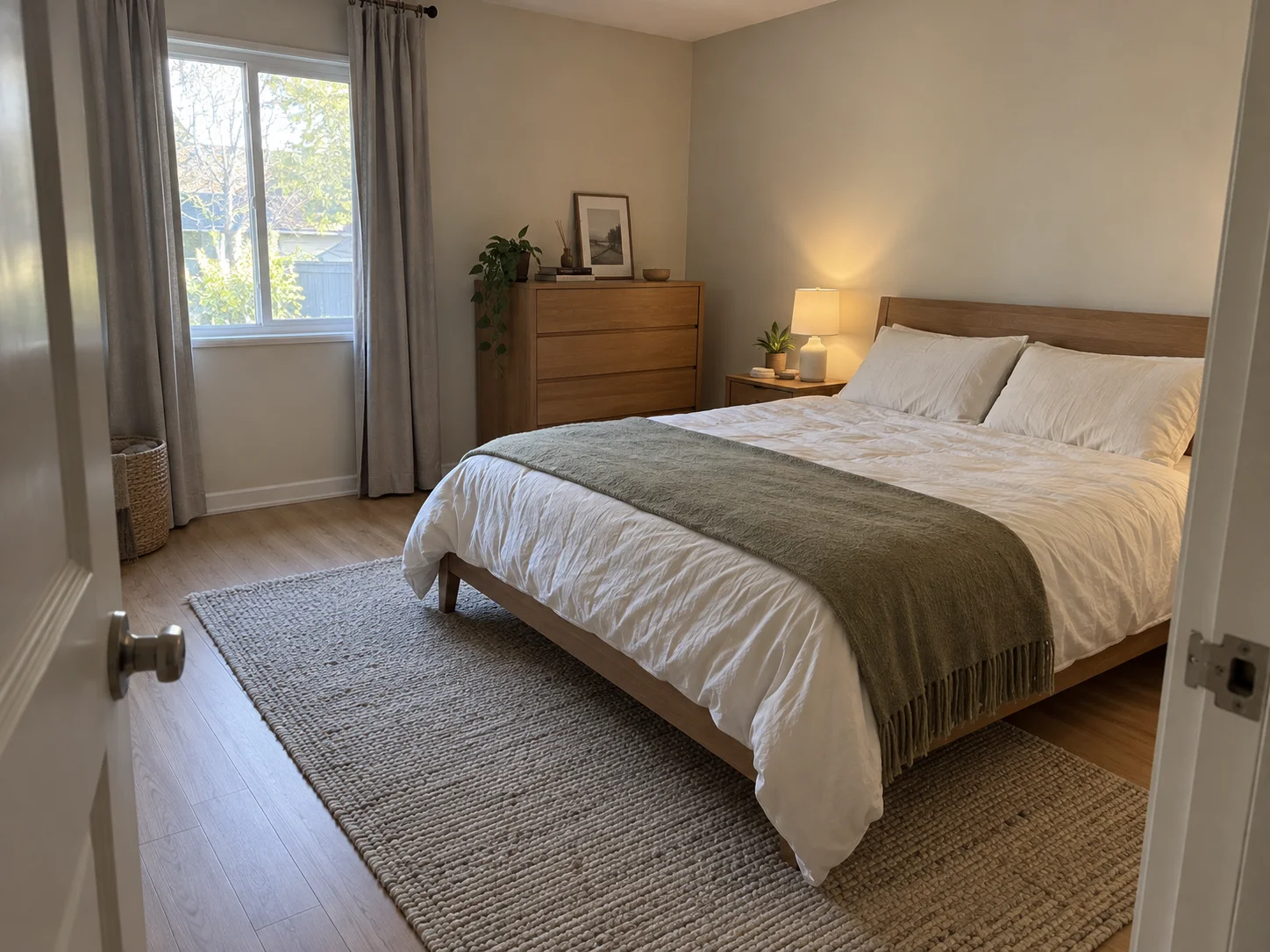 a tidy bedroom with cotton bedding and warm timber furniture