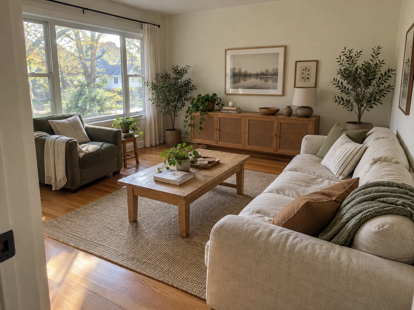 An everyday living room with an oatmeal sofa, oak table and soft window light